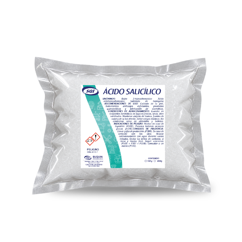 El ácido salicílico al 99% es un beta-hidroxiácido (BHA) de alta pureza, ampliamente utilizado en la industria cosmética y farmacéutica por su potente acción exfoliante, queratolítica y antimicrobiana. Es ideal para tratar pieles con acné, puntos negros, exceso de grasa y poros obstruidos, ya que penetra profundamente en los poros, eliminando impurezas y células muertas.