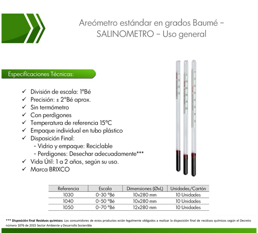 Areómetro 0-70° Bé Ref 5400 estándar en grados Baumé