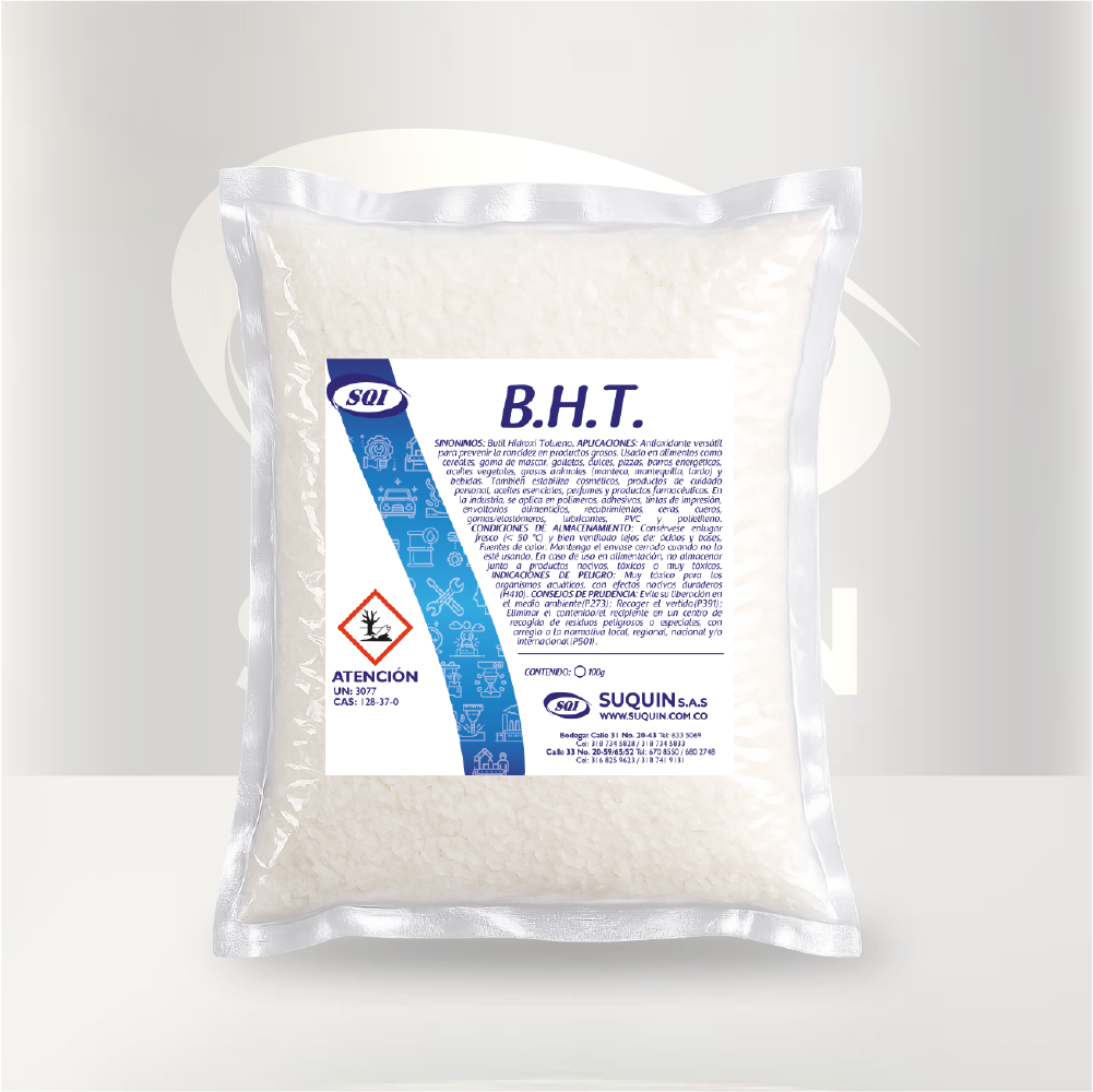 BHT USP de alta pureza, antioxidante utilizado como materia prima para aplicaciones alimentarias, cosméticas, farmacéuticas e industriales.