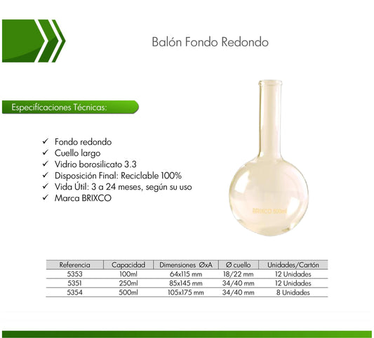 Balón fondo redondo de vidrio borosilicato – Cuello largo Ref 5351