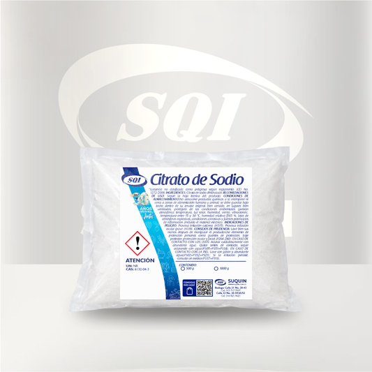 Citrato de Sodio de alta calidad, utilizado como regulador de acidez, estabilizante y agente tamponador en diversas aplicaciones industriales.