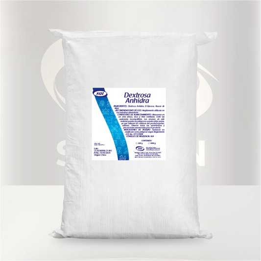 Dextrosa Anhidra USP de grado farmacéutico, utilizada como materia prima en aplicaciones farmacéuticas, alimentarias y de laboratorio.