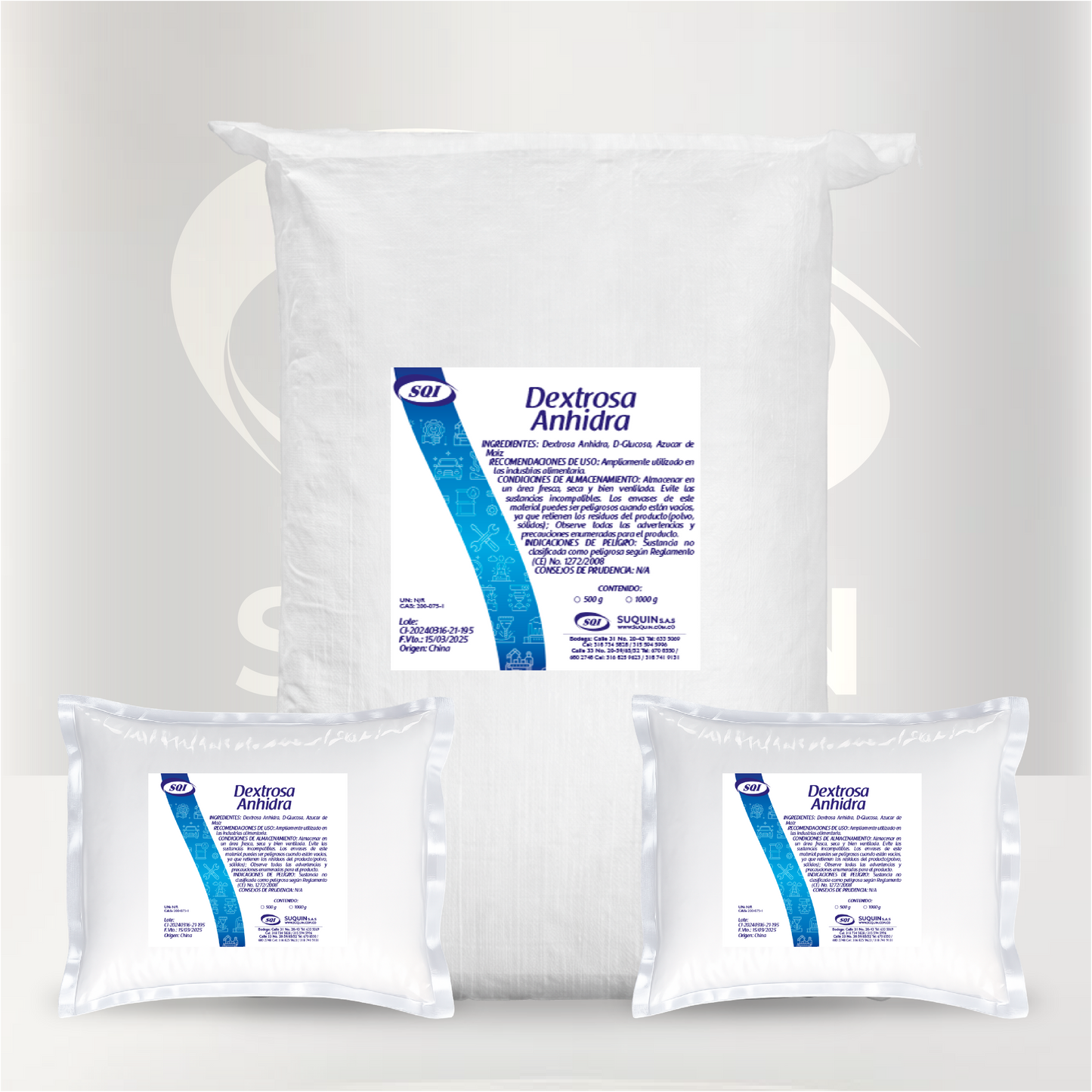 Dextrosa Anhidra USP de grado farmacéutico, utilizada como materia prima en aplicaciones farmacéuticas, alimentarias y de laboratorio.