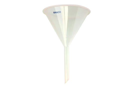 Embudo analítico de laboratorio fabricado en plástico de alta resistencia, ideal para trasvase, filtración y separación de líquidos. Práctico, económico y fácil de limpiar.