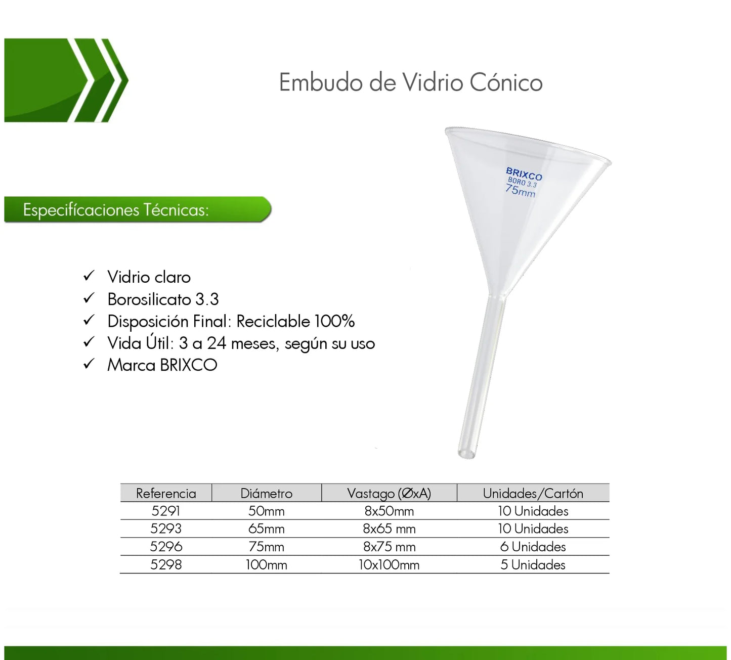 Embudo cónico de laboratorio en vidrio borosilicato 3.3, resistente a altas temperaturas y agentes químicos. Ideal para trasvase, filtración y separación de líquidos con papel filtro.