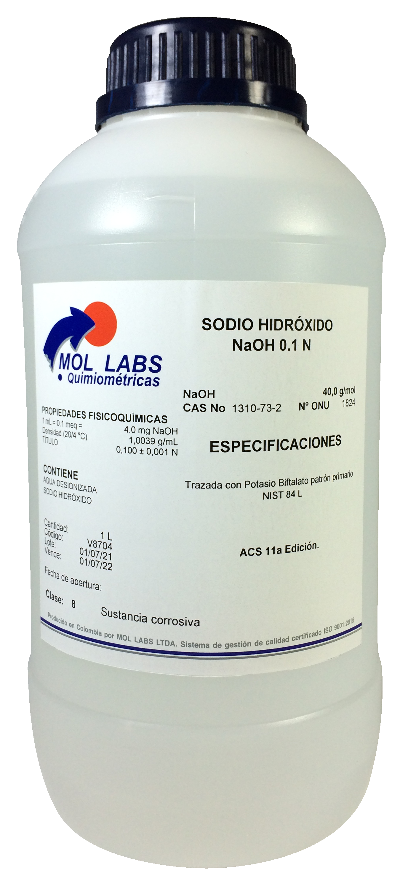 Hidróxido de sodio 0.1 mol/L MOL LABS CAS 1310-73-2 reactivo para titulaciones y análisis de laboratorio.