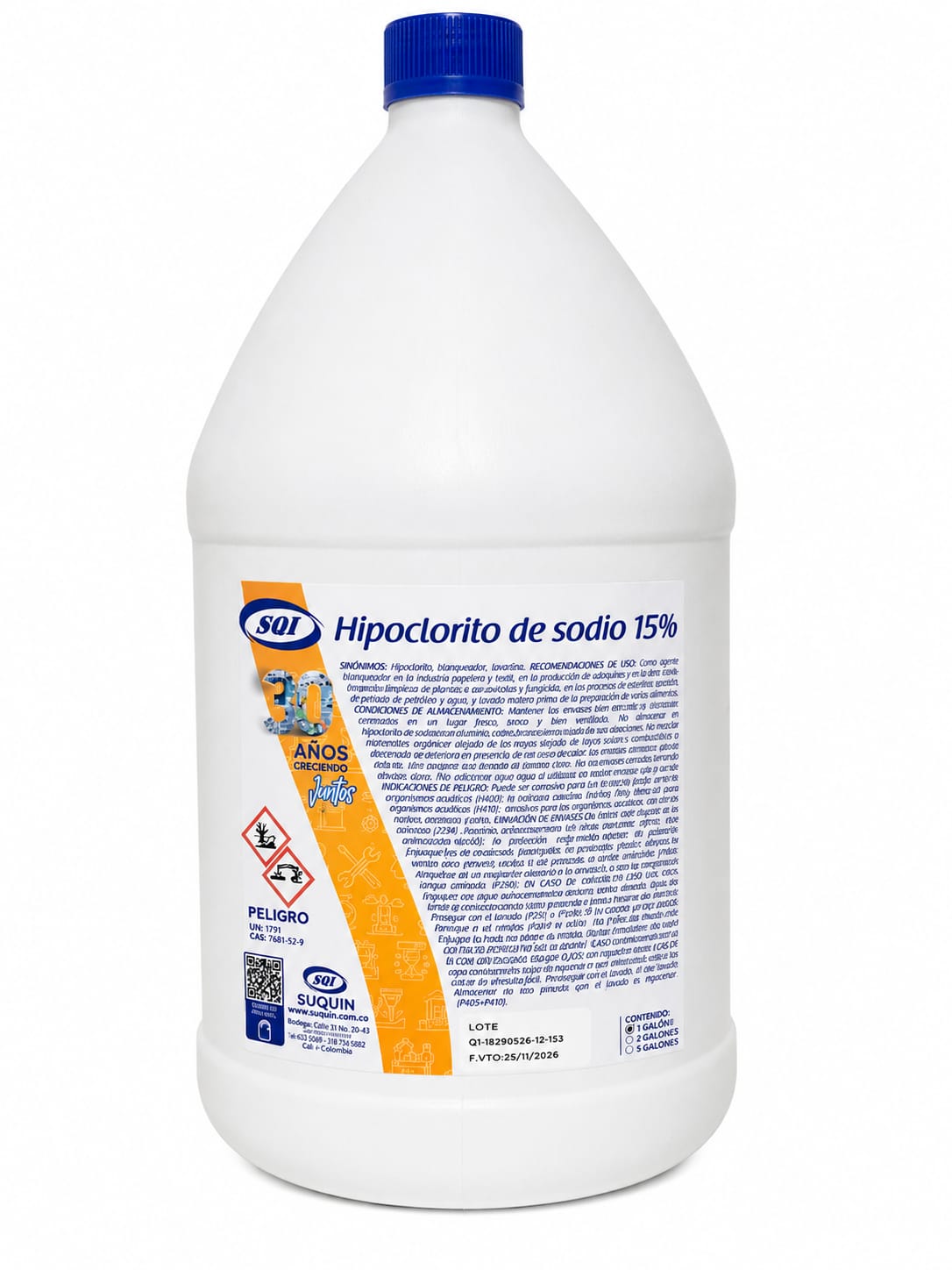 Hipoclorito de sodio 15% CAS 7681-52-9 para tratamiento de aguas, desinfección y aplicaciones industriales.