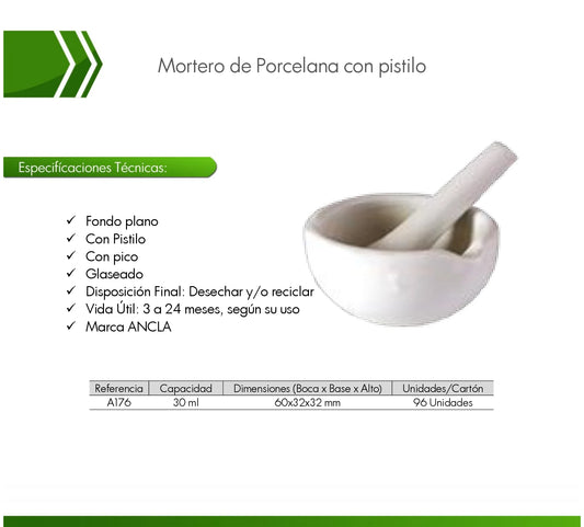 Mortero de porcelana con pistilo 30 ml — Uso laboratorio
