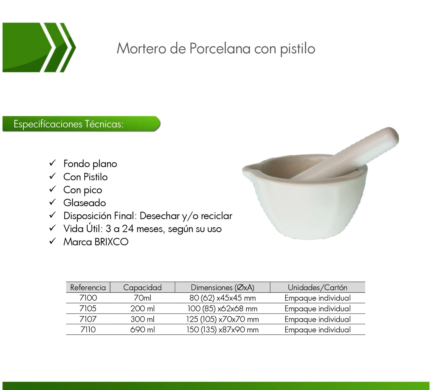 Mortero de porcelana con pistilo de 70 mL para triturar, pulverizar y mezclar sustancias en laboratorio.