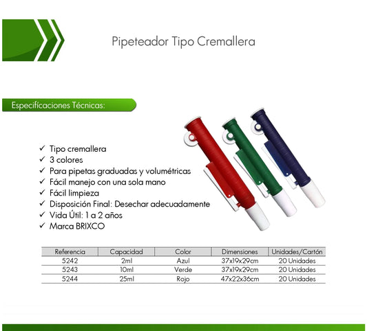 Pipeteador tipo cremallera para pipetas de laboratorio, ideal para aspirar y dispensar líquidos con precisión y seguridad.