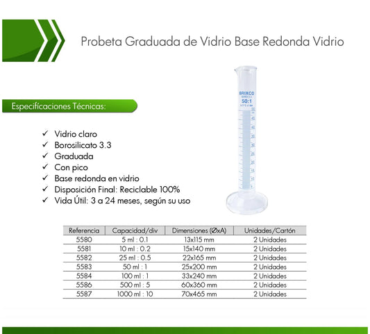Probeta graduada de vidrio borosilicato 3.3 con base de vidrio para medición precisa de líquidos en laboratorio.