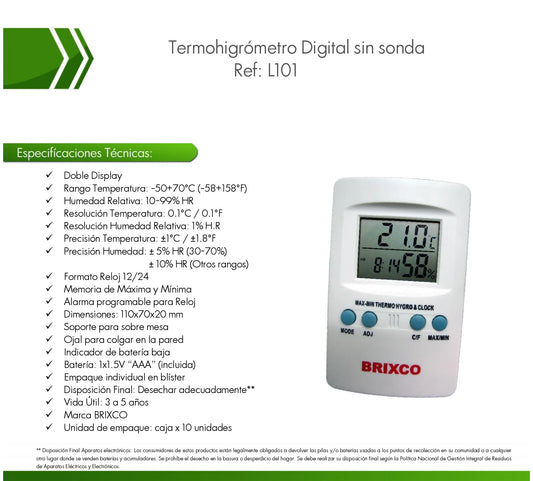 Termohigrómetro digital con reloj para medir temperatura y humedad ambiental en laboratorios, oficinas y áreas de almacenamiento.
