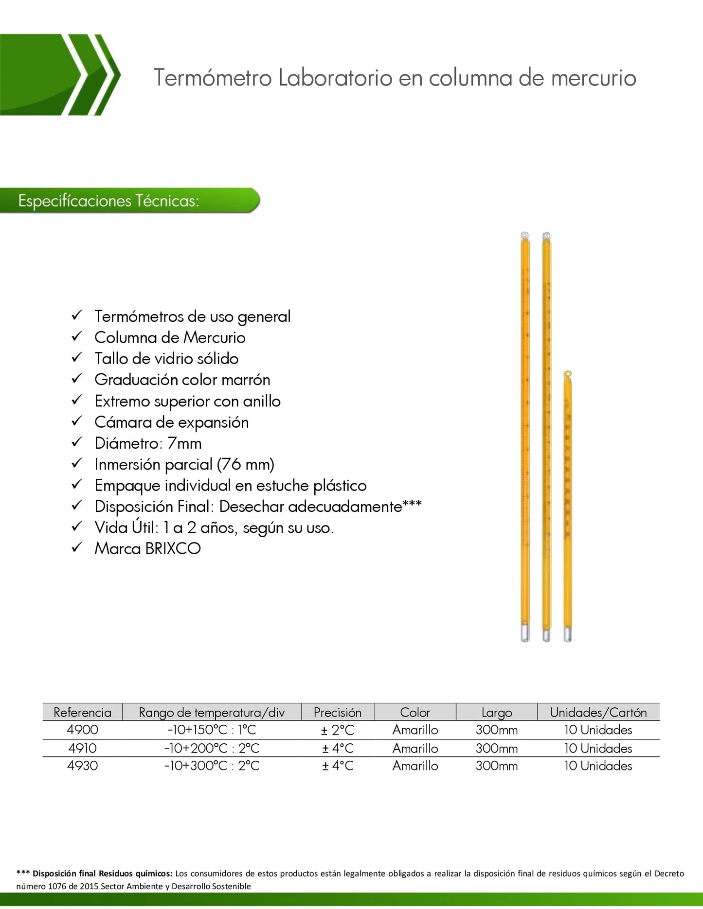 Termómetro de columna de mercurio Ref. 4930 para la medición precisa de temperatura en laboratorios y procesos industriales.