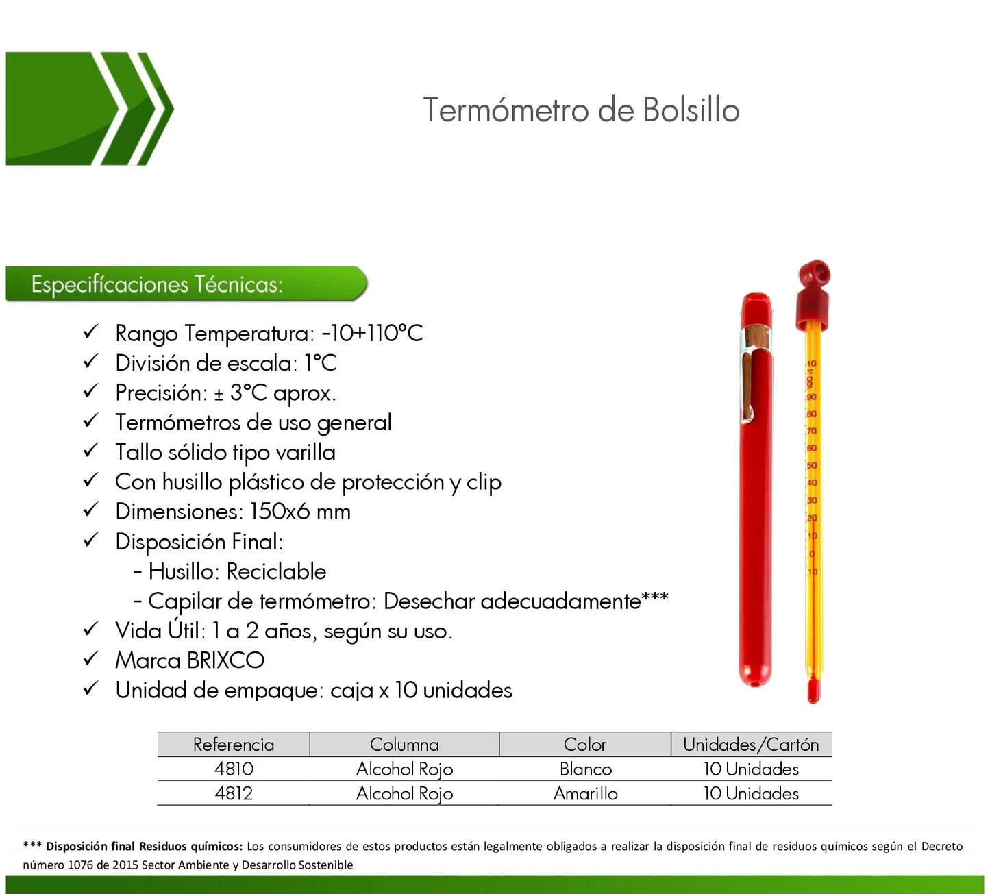 Termómetro de uso general tipo bolsillo Ref. 4812 para la medición de temperatura en laboratorios, alimentos y procesos industriales.