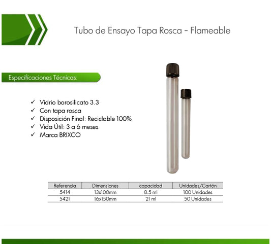 Tubo de ensayo con tapa rosca de vidrio borosilicato 3.3 para almacenamiento y análisis de muestras en laboratorio.