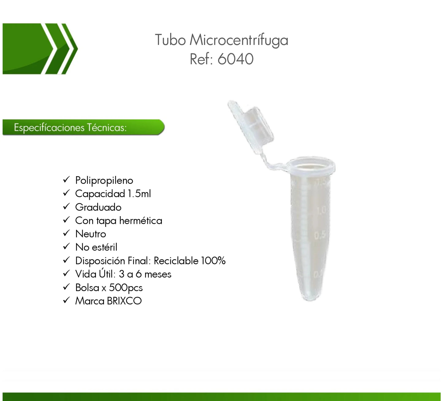 Tubo microcentrífuga graduado en polipropileno para el almacenamiento y centrifugación de muestras en laboratorio.