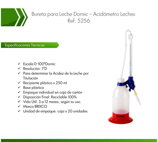 Acidómetro Leches Ref 5256 Bureta para Leche 0°~100° Dornic