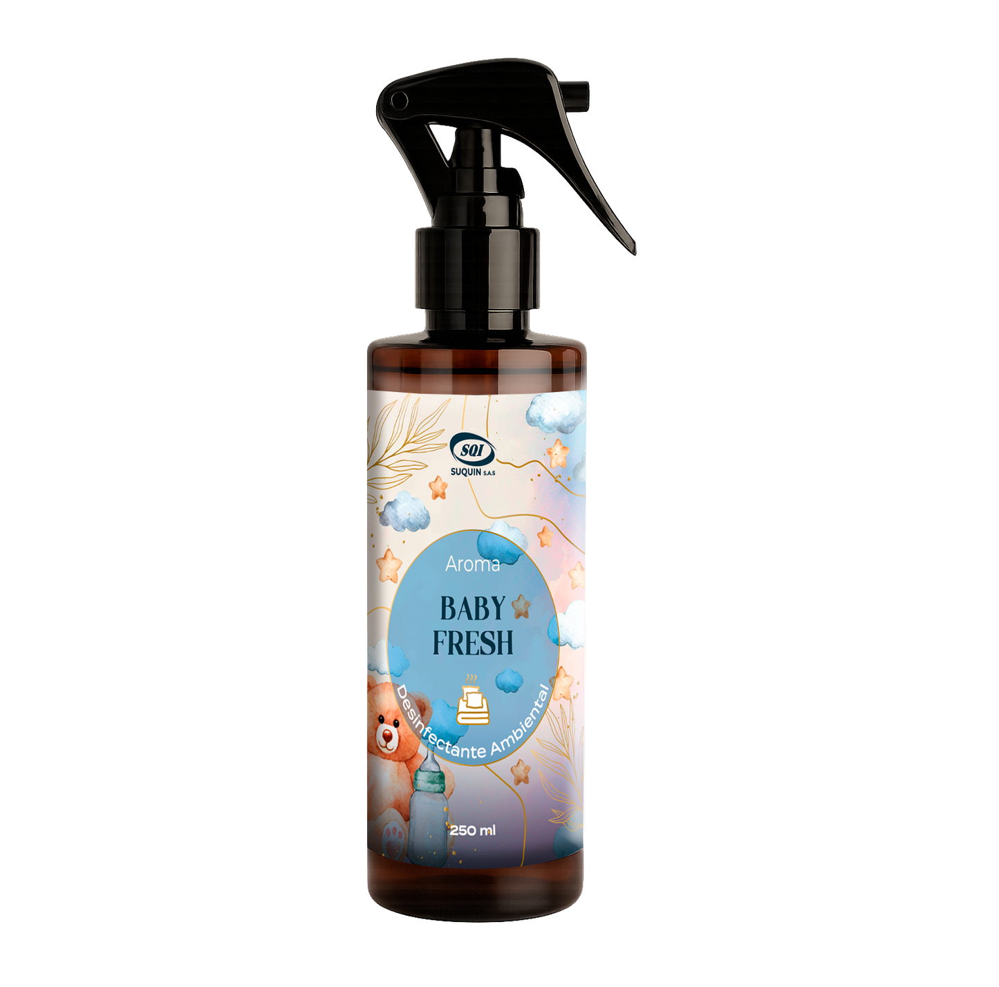 Ambientador desinfectante Suquin para el hogar, elimina ácaros y desinfecta tu colchón cuando duermes con mascotas, aroma Baby Fresh, Colombia.