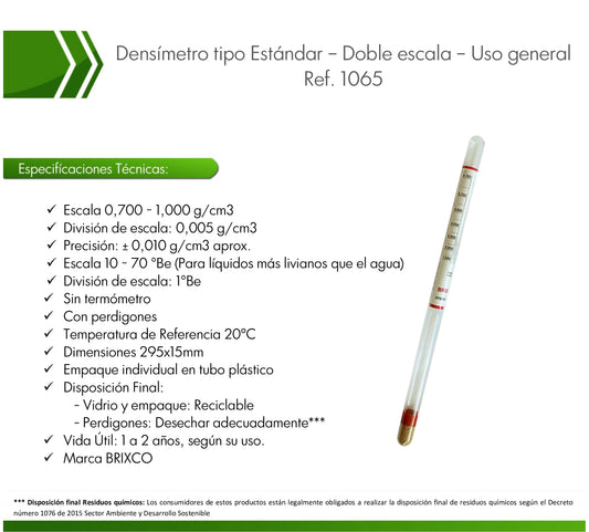 Densímetro de laboratorio doble escala  0,700~1,000g/cm3 / 10~70°Be - Sin termómetro