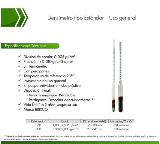 instrumentos utilizados para medir la densidad de líquidos escala 1,000 - 1,500