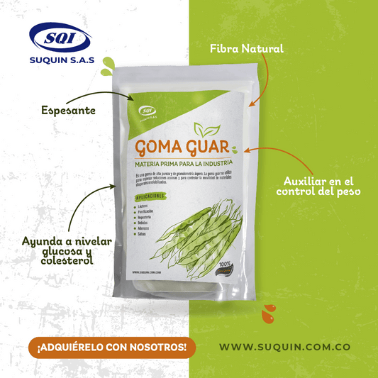 Goma guar en polvo, espesante y estabilizante natural para alimentos, cosméticos y productos industriales.