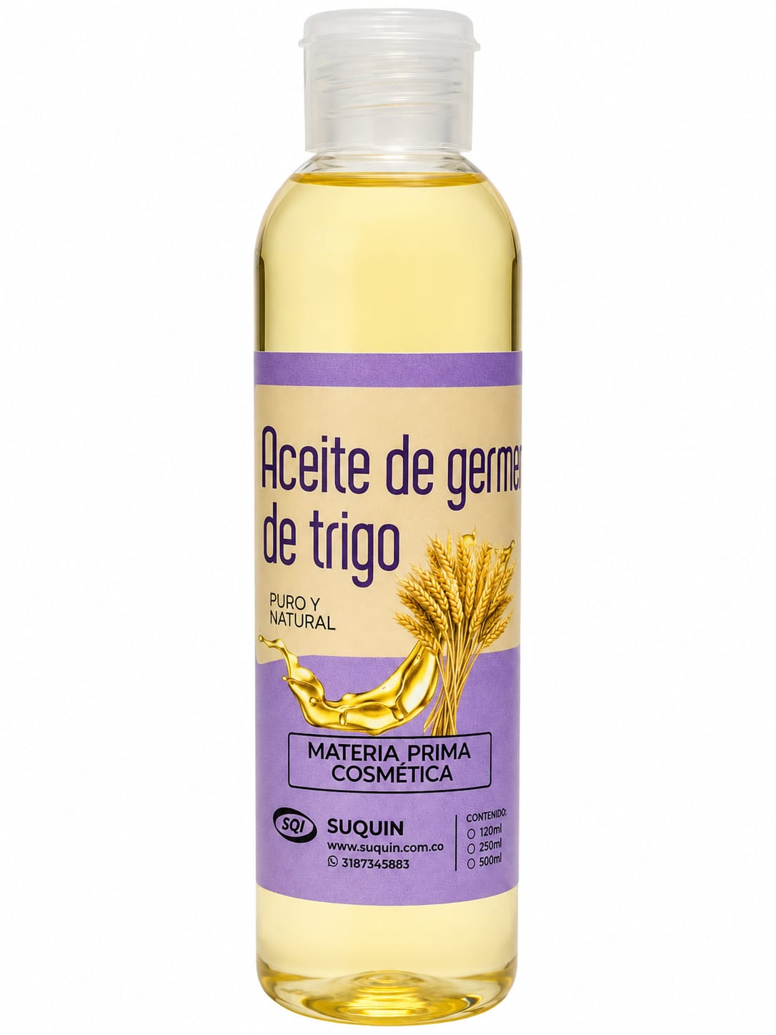 Aceite Natural de Germen de Trigo, materia prima cosmética de origen vegetal para cremas, jabones, lociones y productos para el cuidado de la piel y el cabello.
