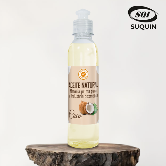 Aceite Natural de Coco, materia prima cosmética de origen vegetal para cremas, jabones, lociones y productos para el cuidado de la piel y el cabello.
