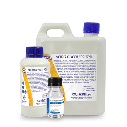 Ácido glicólico 70 % p/p en solución acuosa,
de grado técnico. Se presenta como un
líquido claro, incoloro a ligeramente
amarillento, con olor característico y alta
estabilidad química cuando es almacenado
en condiciones normales.