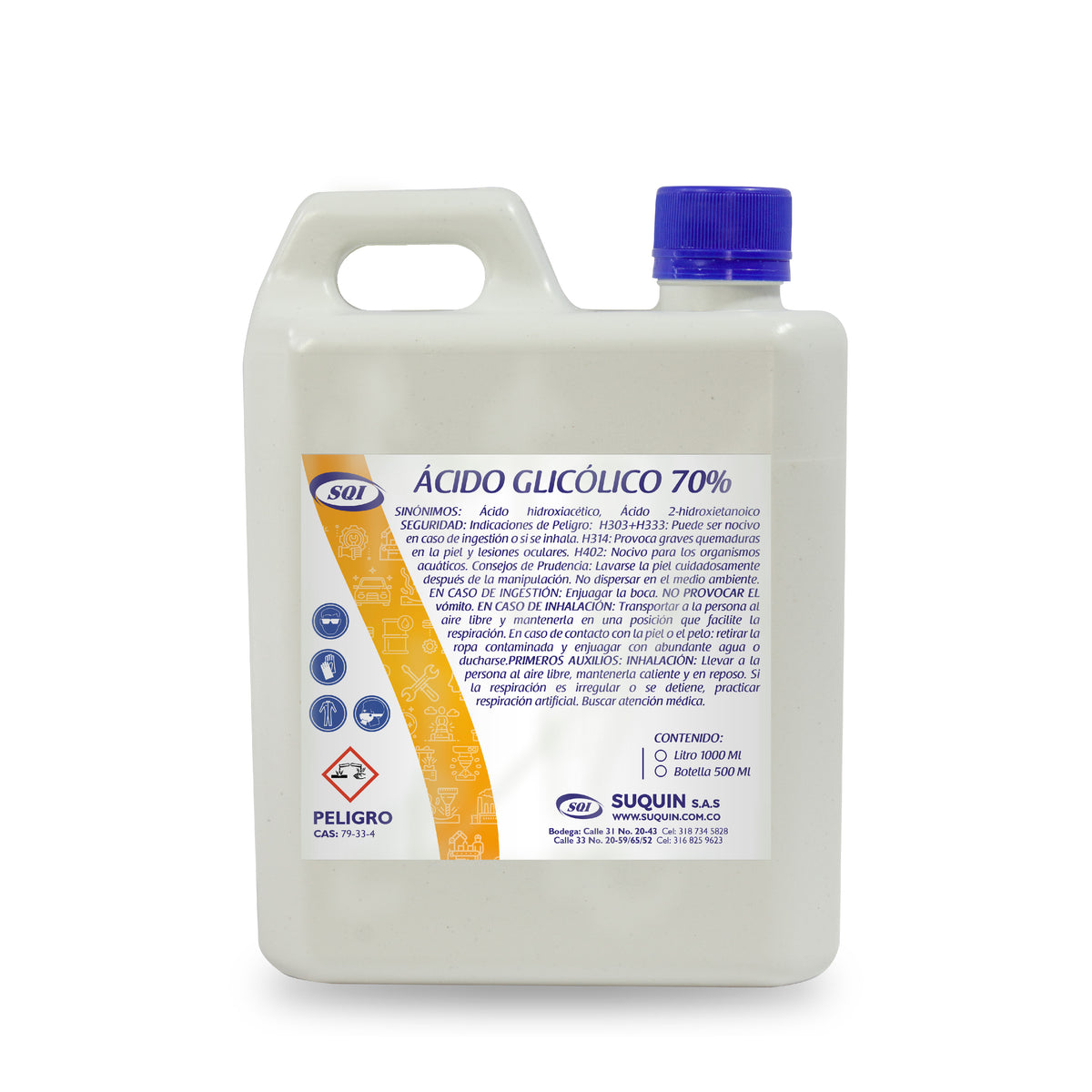 Ácido glicólico 70 % p/p en solución acuosa,
de grado técnico. Se presenta como un
líquido claro, incoloro a ligeramente
amarillento, con olor característico y alta
estabilidad química cuando es almacenado
en condiciones normales.