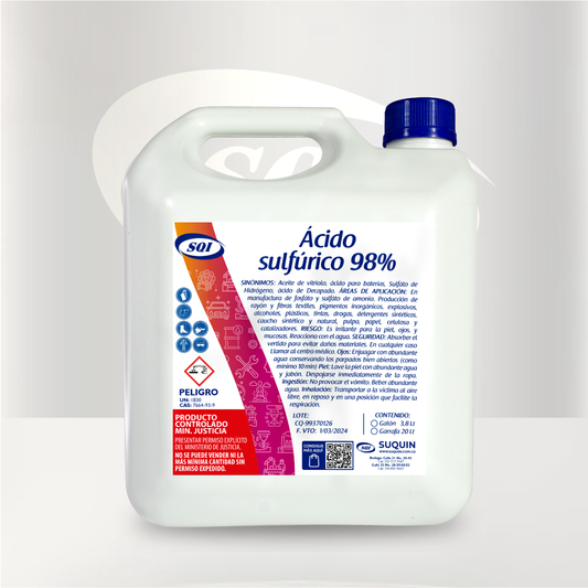 Ácido Sulfúrico de alta pureza para aplicaciones industriales, tratamiento de aguas, laboratorios y procesos químicos.
