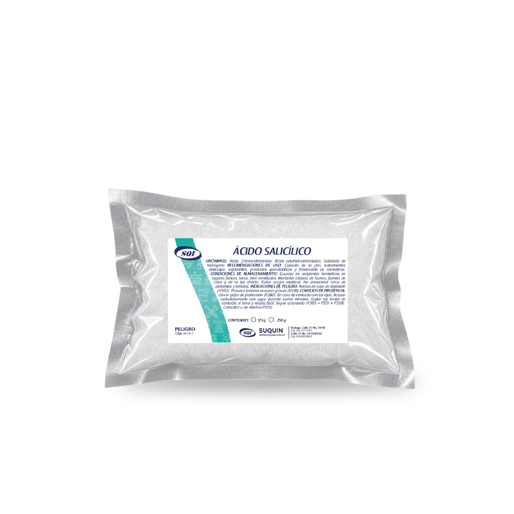 El ácido salicílico al 99% es un beta-hidroxiácido (BHA) de alta pureza, ampliamente utilizado en la industria cosmética y farmacéutica por su potente acción exfoliante, queratolítica y antimicrobiana. Es ideal para tratar pieles con acné, puntos negros, exceso de grasa y poros obstruidos, ya que penetra profundamente en los poros, eliminando impurezas y células muertas