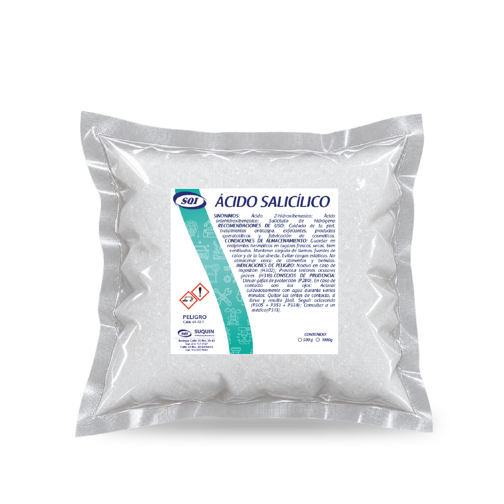 El ácido salicílico al 99% es un beta-hidroxiácido (BHA) de alta pureza, ampliamente utilizado en la industria cosmética y farmacéutica por su potente acción exfoliante, queratolítica y antimicrobiana. Es ideal para tratar pieles con acné, puntos negros, exceso de grasa y poros obstruidos, ya que penetra profundamente en los poros, eliminando impurezas y células muertas. 