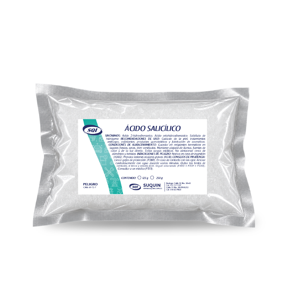 El ácido salicílico al 99% es un beta-hidroxiácido (BHA) de alta pureza, ampliamente utilizado en la industria cosmética y farmacéutica por su potente acción exfoliante, queratolítica y antimicrobiana. Es ideal para tratar pieles con acné, puntos negros, exceso de grasa y poros obstruidos, ya que penetra profundamente en los poros, eliminando impurezas y células muertas. 