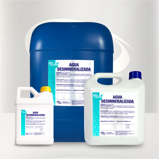 Agua Desionizada Desmineralizada de alta pureza para laboratorios, industria cosmética, farmacéutica y procesos industriales.
