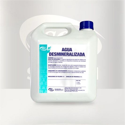 Agua Desionizada Desmineralizada de alta pureza para laboratorios, industria cosmética, farmacéutica y procesos industriales.
