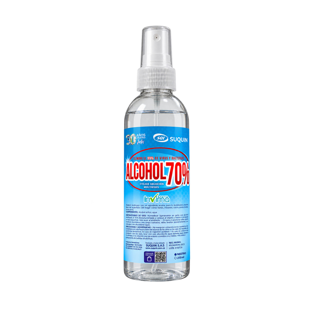 El alcohol etílico al 70% es una solución, reconocida por su alta eficacia en la desinfección de superficies, utensilios y piel. Su concentración permite una penetración óptima en las membranas celulares de bacterias, virus y hongos, garantizando una acción desinfectante rápida y efectiva.