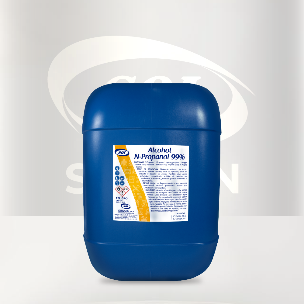 Alcohol n-Propanol de alta pureza, ideal como solvente y materia prima para aplicaciones industriales, químicas y de laboratorio.