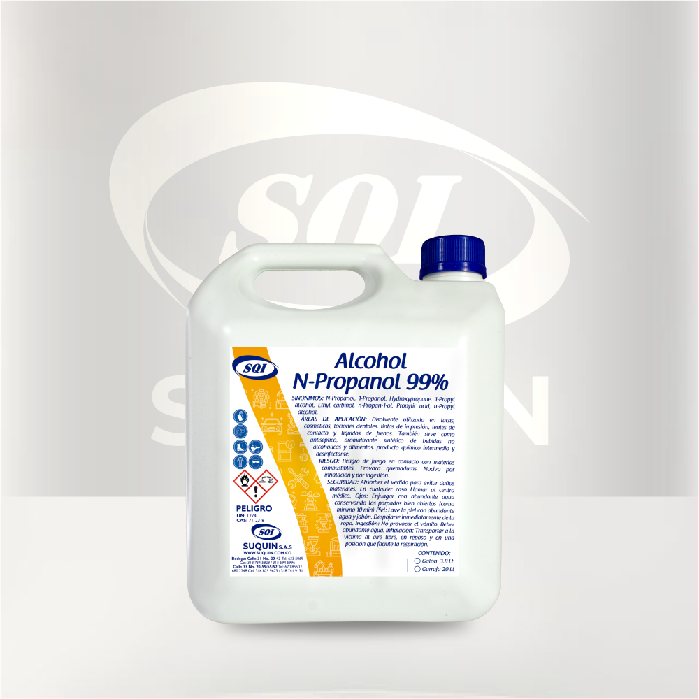 Alcohol n-Propanol al 99% de alta pureza, ideal como solvente para aplicaciones industriales, químicas y de laboratorio.