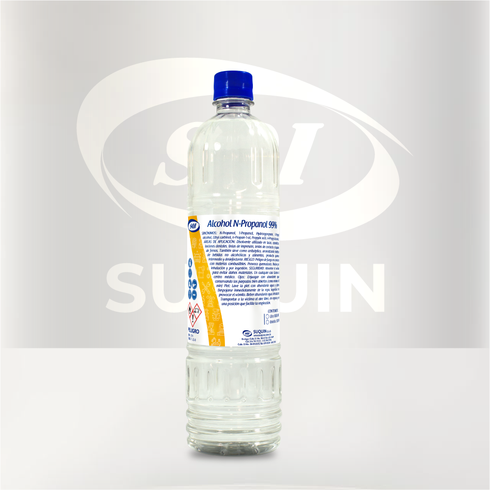 Alcohol n-Propanol al 99% de alta pureza, ideal como solvente para aplicaciones industriales, químicas y de laboratorio.