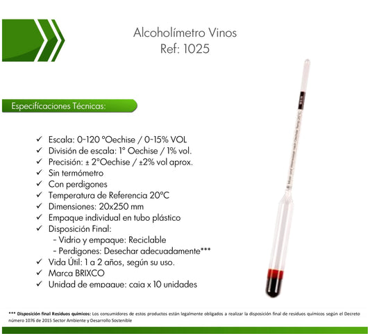 El alcoholímetro para vinos  usado en laboratorios y productores de vino artesanal. Fabricado en vidrio de alta calidad, funciona por el principio de densidad