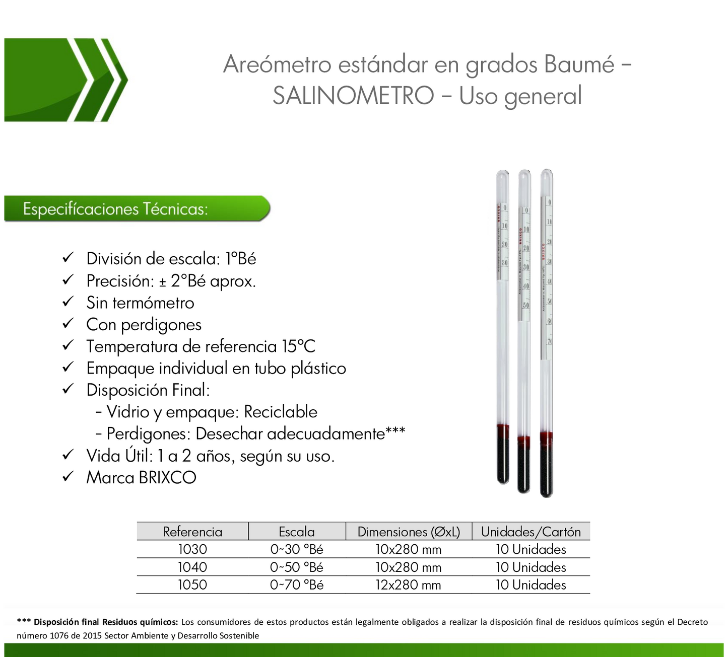 Areómetro 0-70° Bé Ref 5400 estándar en grados Baumé