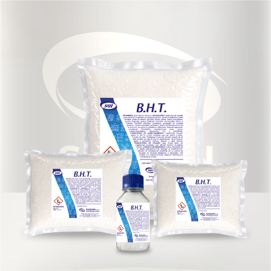 BHT USP de alta pureza, antioxidante utilizado como materia prima para aplicaciones alimentarias, cosméticas, farmacéuticas e industriales.
