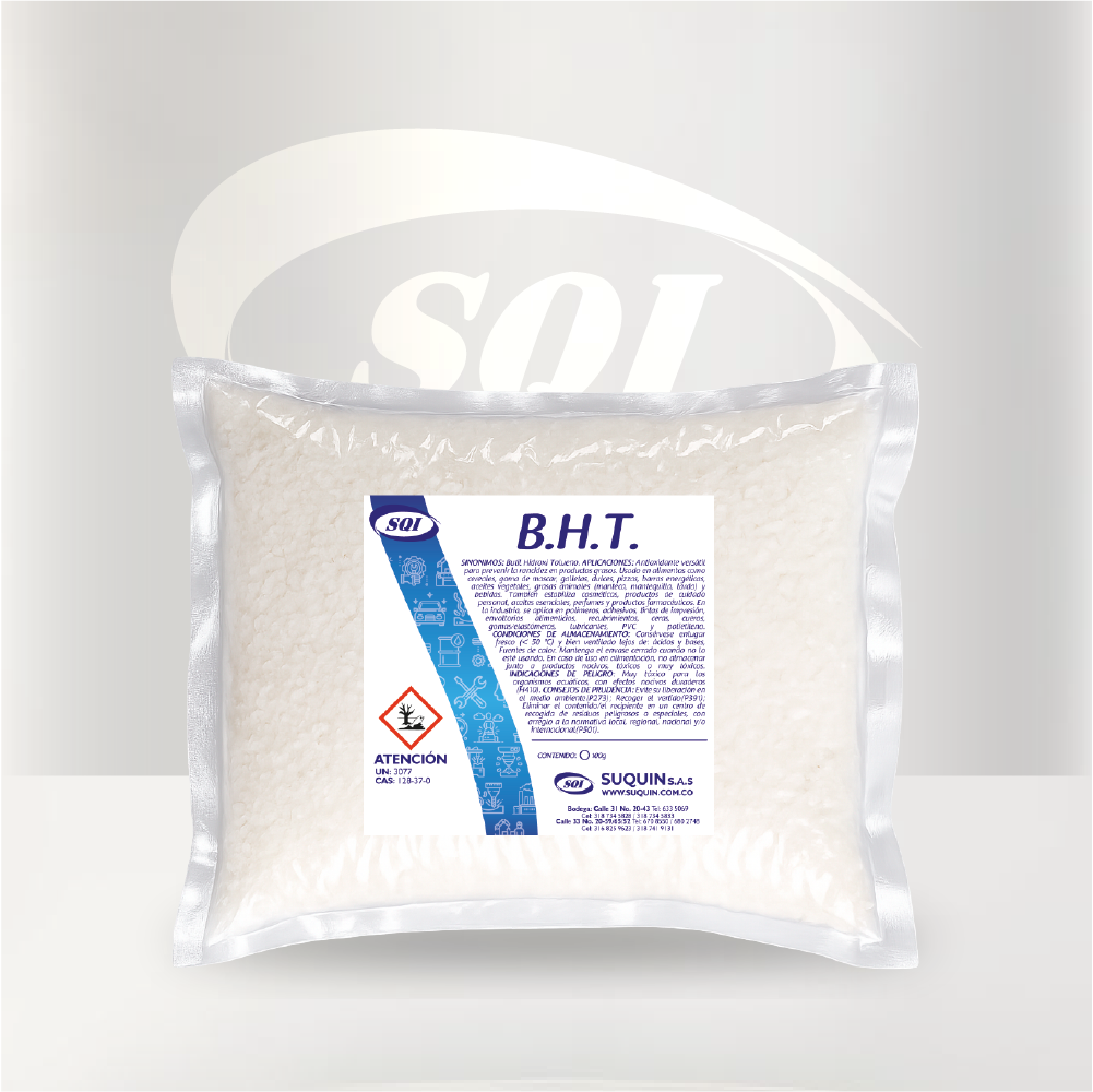 BHT USP de alta pureza, antioxidante utilizado como materia prima para aplicaciones alimentarias, cosméticas, farmacéuticas e industriales.
