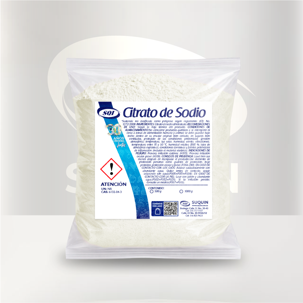 Citrato de Sodio de alta calidad, utilizado como regulador de acidez, estabilizante y agente tamponador en diversas aplicaciones industriales.
