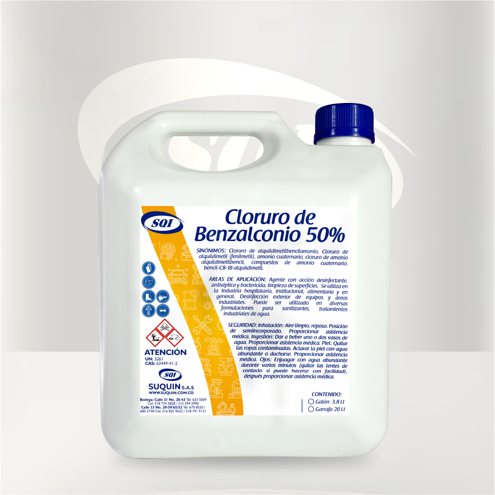 Cloruro de Benzalconio 50% (Amonio Cuaternario), desinfectante de amplio espectro para aplicaciones industriales, de limpieza y tratamiento de agua.
