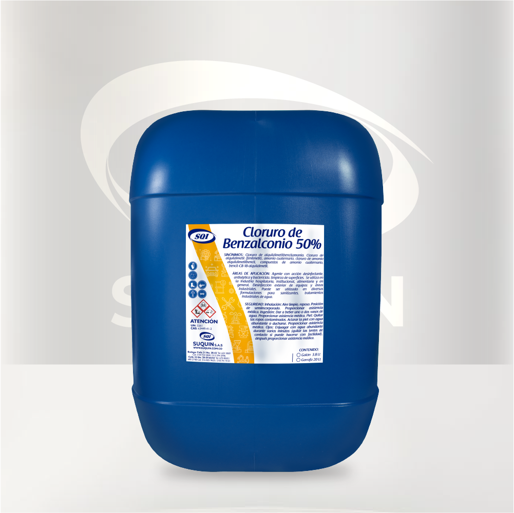 Cloruro de Benzalconio 50% (Amonio Cuaternario), desinfectante de amplio espectro para aplicaciones industriales, de limpieza y tratamiento de agua.
