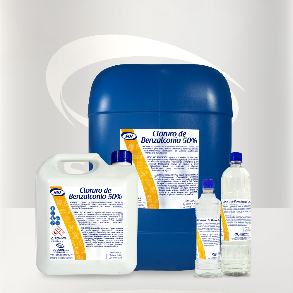Cloruro de Benzalconio 50% (Amonio Cuaternario), desinfectante de amplio espectro para aplicaciones industriales, de limpieza y tratamiento de agua.
