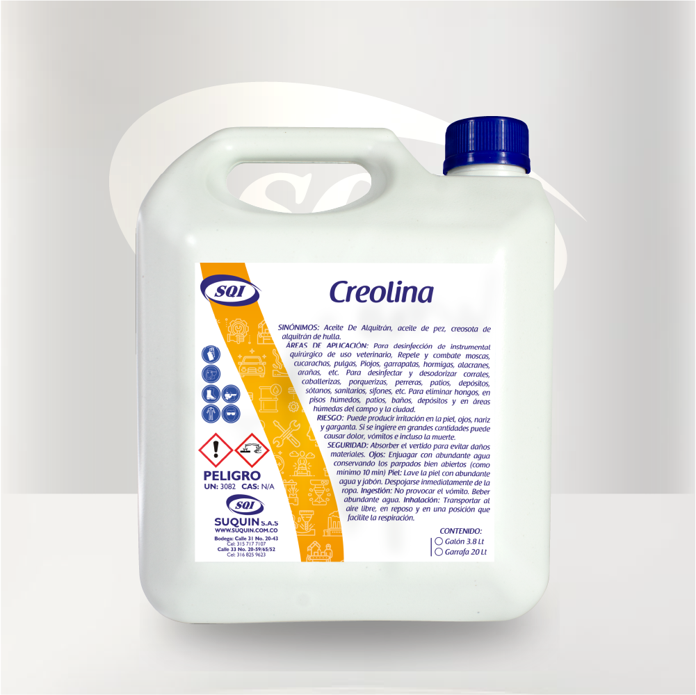 Creolina desinfectante para la limpieza e higiene de instalaciones, superficies y áreas de uso industrial y pecuario.

