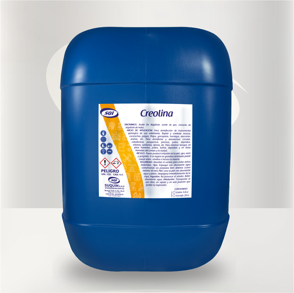 Creolina desinfectante para la limpieza e higiene de instalaciones, superficies y áreas de uso industrial y pecuario.

