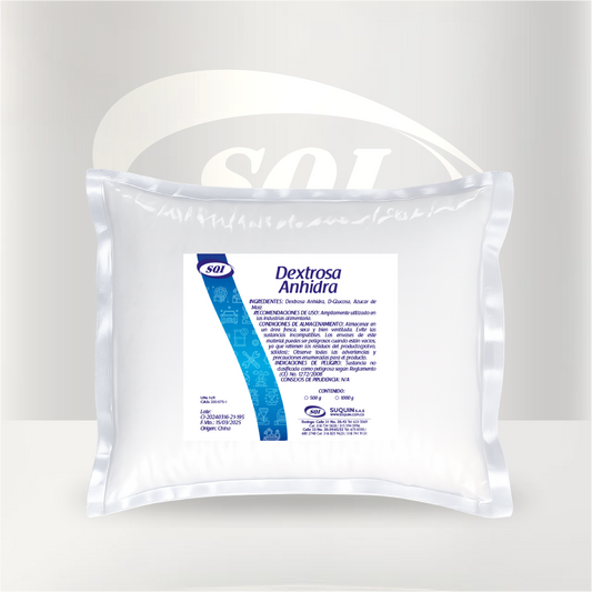 Dextrosa Anhidra USP de grado farmacéutico, utilizada como materia prima en aplicaciones farmacéuticas, alimentarias y de laboratorio.
